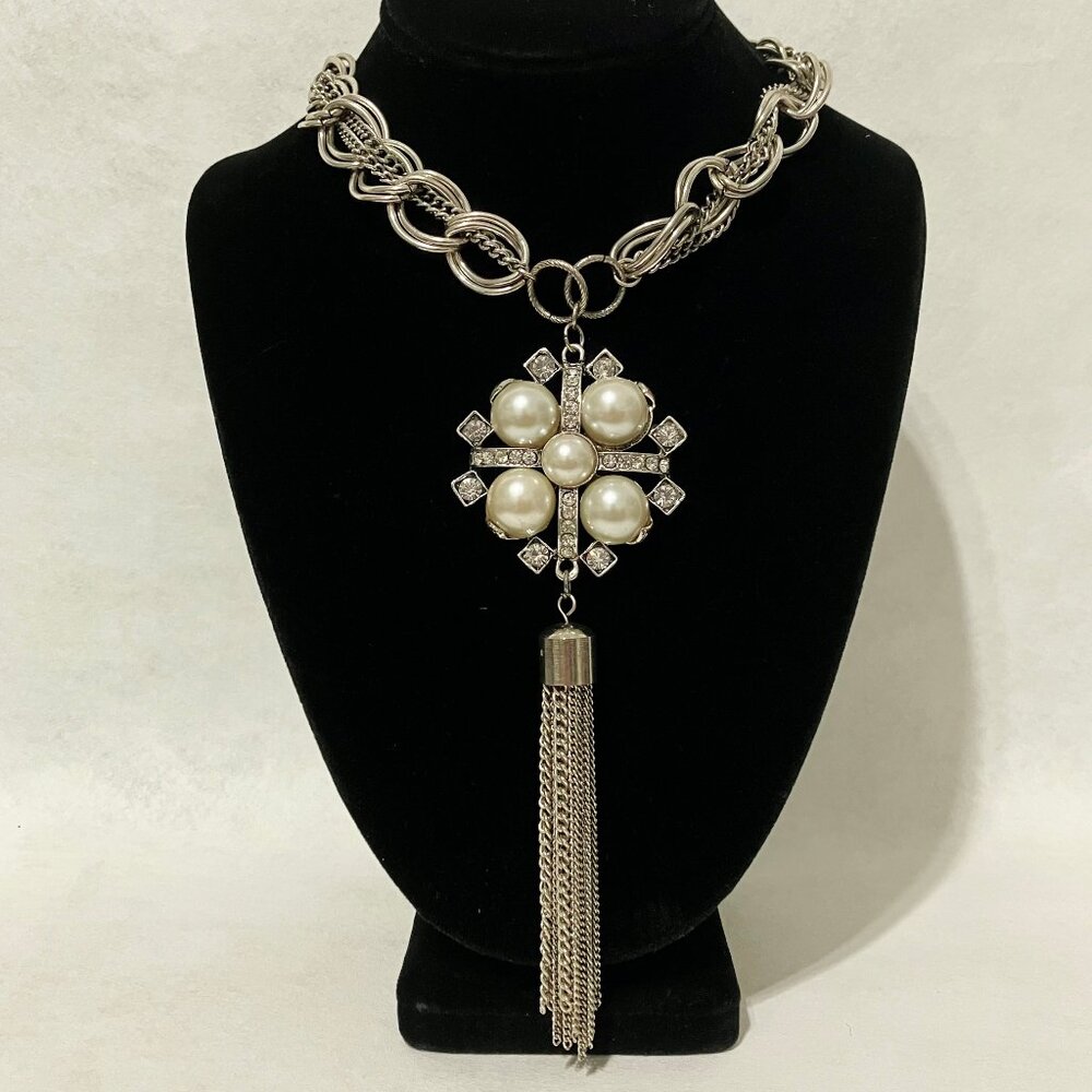 Medallion Necklace White Faux Pearl Rhinestones Silver Tone Metal Chain Tassel